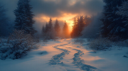 A snowy forest with a path leading through it.