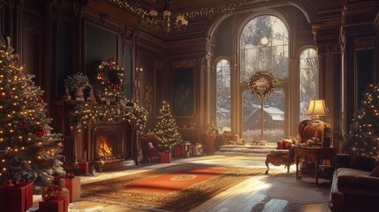 Festive christmas interior with a cozy living room decorated in traditional red and green colors, featuring a beautifully adorned christmas tree, warm fireplace, and twinkling fairy lights creating a