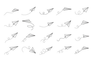 Hand drawn doodle paper plane set. isolated planes flight path. Line airplane icon travel, route. 