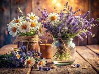 Vintage Style Lavender and Chamomile Flowers Arrangement for Nature Lovers and Floral Enthusiasts