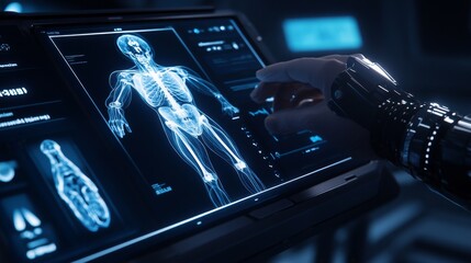 2410_027.surgeon interacting with advanced medical interface, transparent touchscreen displaying patient data, holographic human anatomy, sterile operating environment, sci-fi medical technology,