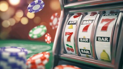 Vivid slot machine display featuring lucky sevens and casino chips in motion,