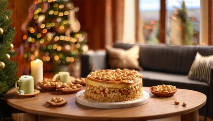 Christmas Peanut pie on table with Christmas tree and gifts in background