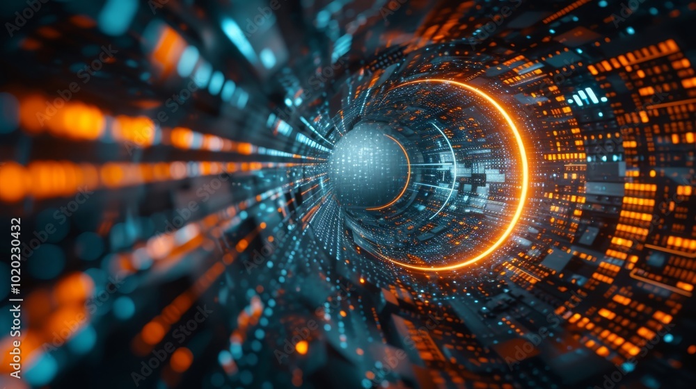 Poster A futuristic tunnel of colorful lights and digital patterns, showcasing a glowing orange circle amidst an array of blue and orange data streams