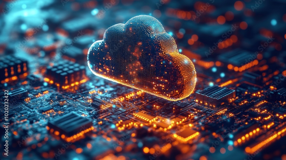 Aufkleber digital cloud over a circuit board, symbolizing cloud computing.