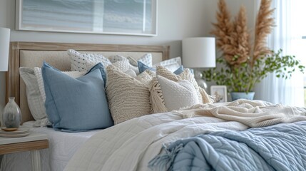 Fototapeta premium A cozy bedroom scene featuring a beautifully arranged bed with various decorative pillows, soft blankets, and green plants, creating a welcoming and serene atmosphere.