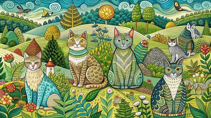 Zentangle Cat Seamless Pattern for Unique Landscape Photography with Intricate Designs