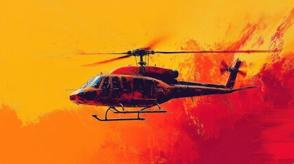 Red Helicopter Flying Against a Sunset Sky