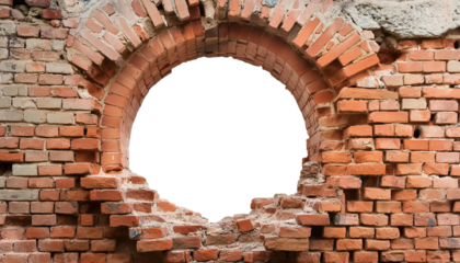 A hole in a brick wall isolated on transparent background 