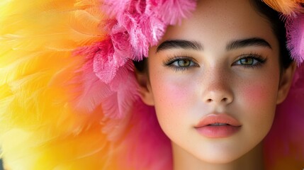 Close-up Portrait of a Woman with Pink and Yellow Feathers