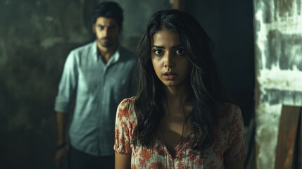 Fototapeta premium Young Indian Woman Kidnapped by a Mysterious Man in a Dark, Confined Room, Victim of Kidnapping, Domestic Abuse, Sexual Harassment, Scared Female Trapped by a Criminal, copy space