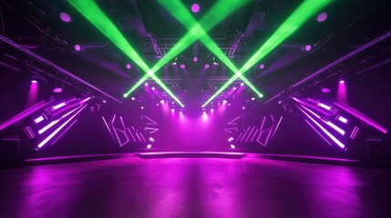 Modern club stage illuminated by neon green and purple lights, offering geometric architecture and ample copy space.