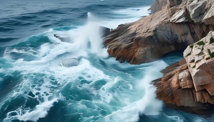 Rocky Shoreline with Ocean Waves Crashing Against the Cliffs