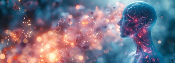 A surreal representation of the human mind with vibrant colors showcasing the complexity of thoughts, emotions, and consciousness emanating from a translucent head.