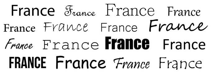 Creative display of the word France in various artistic styles and fonts, showcasing typography diversity and cultural resonance
