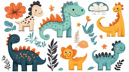 Fototapeta premium Colorful Cartoon Dinosaurs with Floral Elements