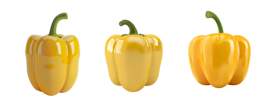 Fresh yellow bell peppers are displayed in row, showcasing their vibrant color and glossy texture. These peppers are perfect for adding flavor and nutrition to various dishes