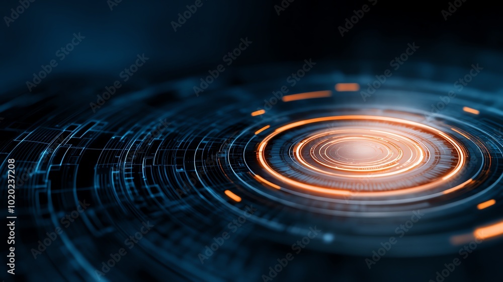 Poster abstract cyber design featuring glowing circular patterns on a dark background.