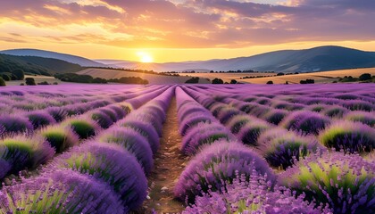 Vast Lavender Fields Stretching Across Rolling Hills at Sunset