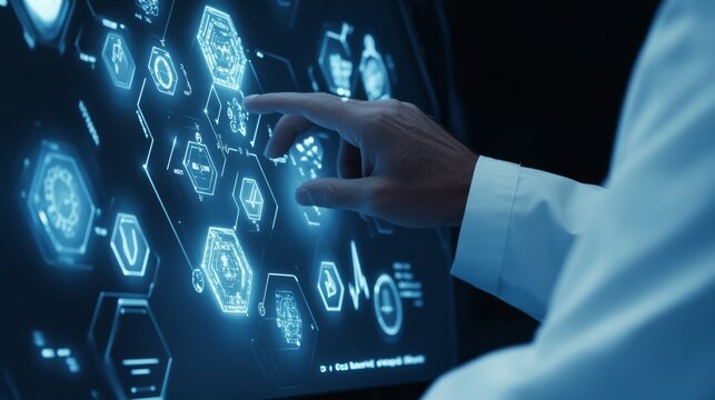 2410_108.a professional medical team, dressed in white coats, observing a digital interface filled with holographic medical symbols, charts, and hexagonal frames the imagery highlights laboratory