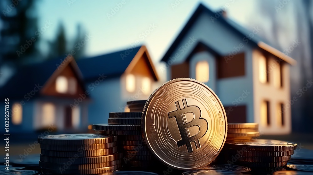 Poster bitcoin coin with houses and stacks of coins in the background.