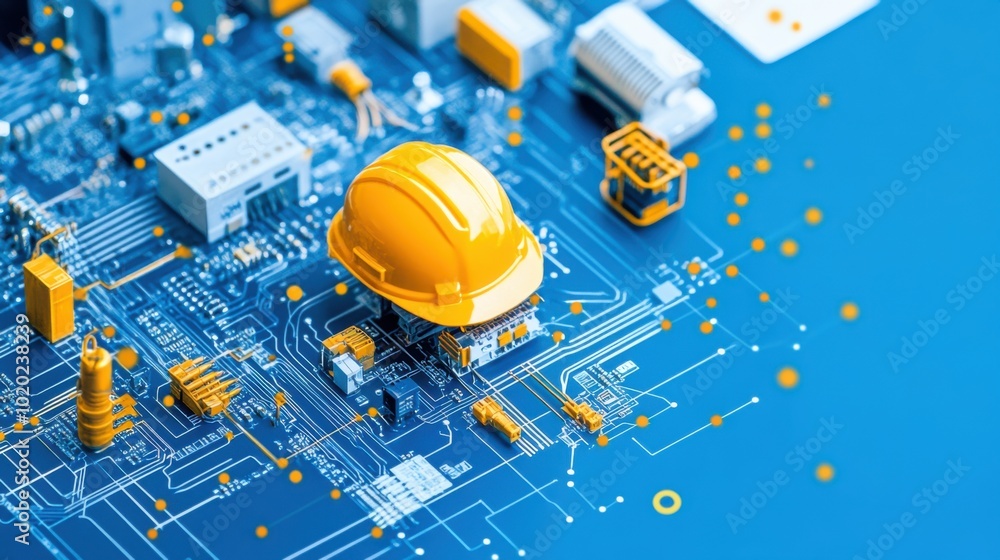 Poster a yellow hard hat is prominently displayed on an intricate blue circuit board, symbolizing the inter
