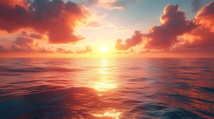 Obraz premium A serene sunset over calm ocean waters, reflecting vibrant colors.