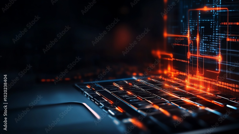 Poster close-up of a laptop keyboard with digital effects and glowing lines.