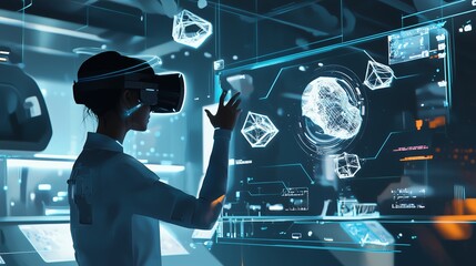 Person Using VR Headset in Futuristic Environment