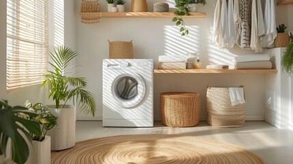 A modern laundry room featuring a sleek washing machine, natural wooden shelves, potted plants, and woven baskets