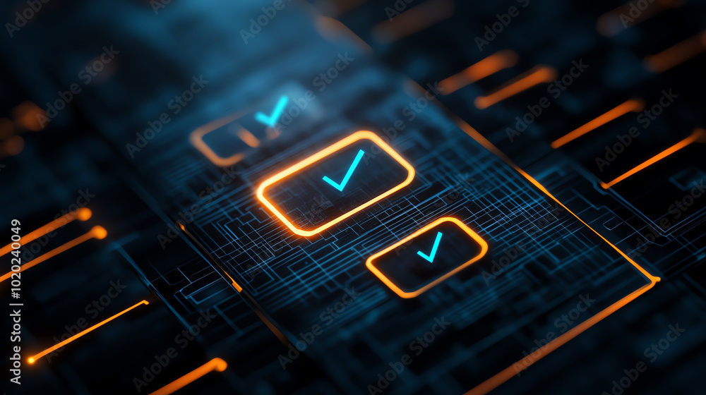 Poster digital technology interface with glowing check marks against a dark background.