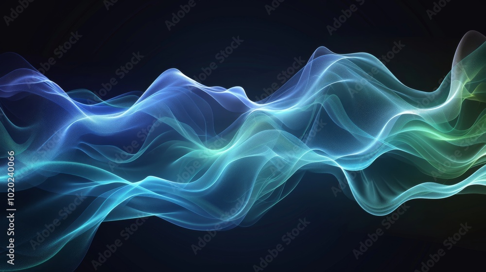 Poster A dynamic and colorful wave of abstract digital light, featuring flowing shapes in blue and green tones against a dark background, perfect for modern design projects.