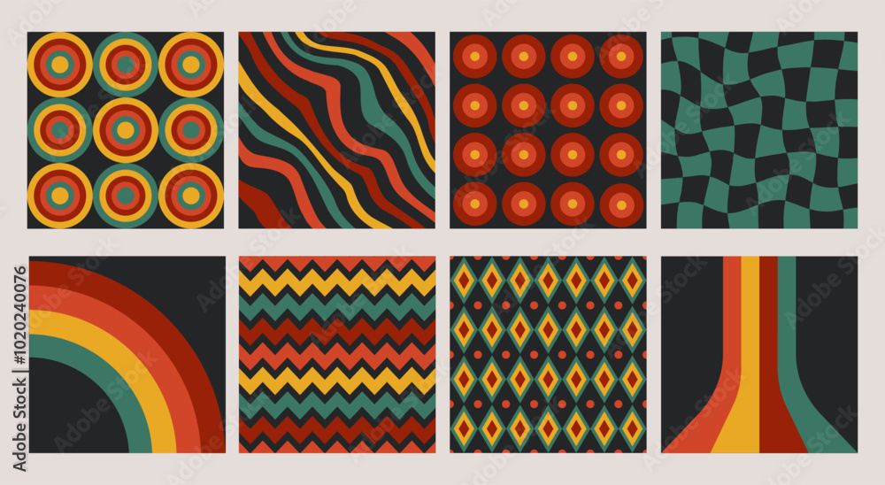 Poster groovy backgrounds, retro 1970s cards with patterns, meshes, geometric forms and distorted lines. ve