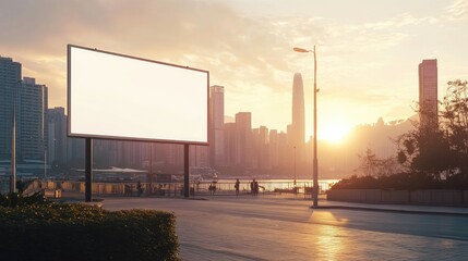 Obraz premium Outdoor billboard with a blank white screen, placed against a city skyline, offering room for copy and branding.