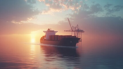 Obraz premium Tranquil Sunset Over Cargo Ship and Port Crane
