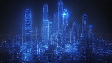 Fototapeta premium A Wireframe Digital Cityscape with Blue Neon Lights