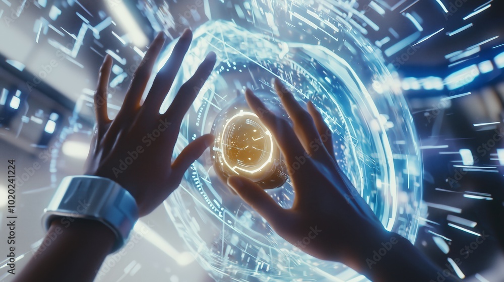 Poster hands interacting with virtual object close up