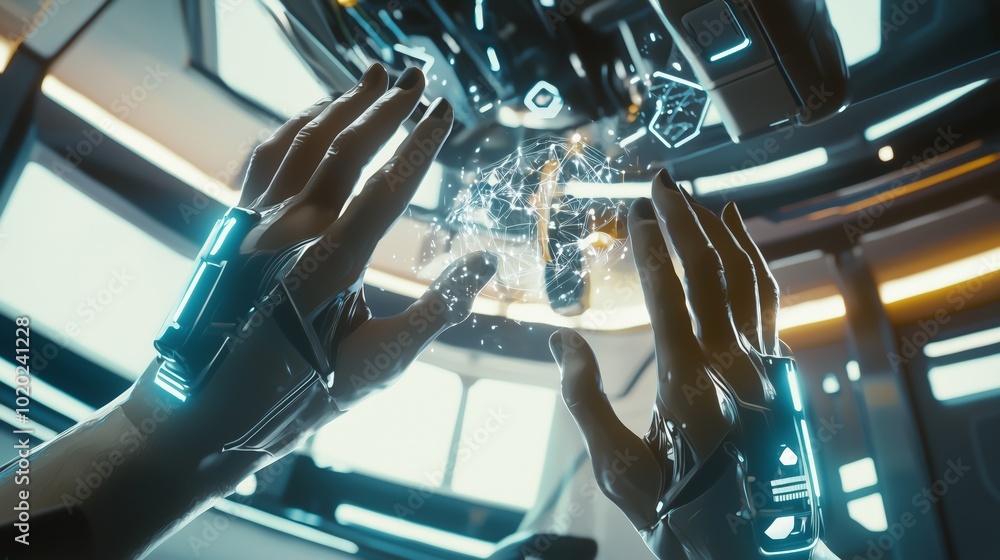 Poster futuristic hands interacting with virtual objects
