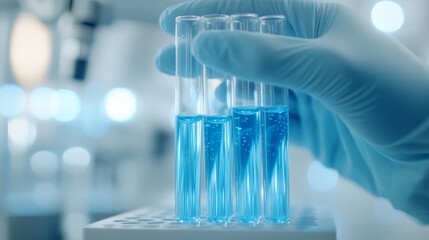 2410_146.close-up of a scientist's gloved hands carefully handling test tubes with blue liquid, high-tech laboratory background, soft lighting reflecting on the glassware, medical research setup,