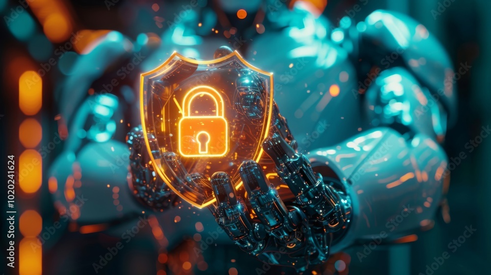 Poster A futuristic robot holding a glowing shield with a lock symbol, symbolizing cybersecurity and digital protection, against a vibrant, tech-inspired background.