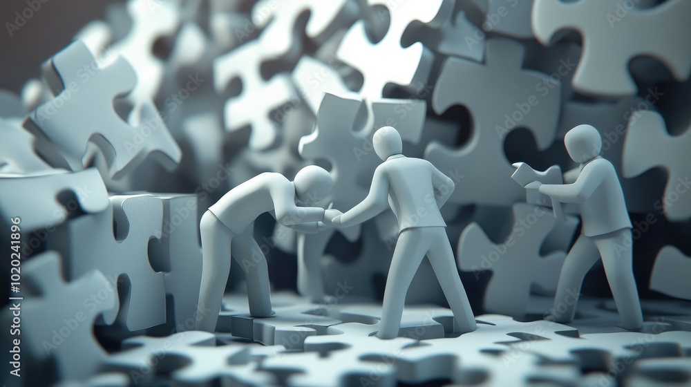 Aufkleber paper businessman characters in a 3d space working together on a puzzle, symbolizing corporate teamw