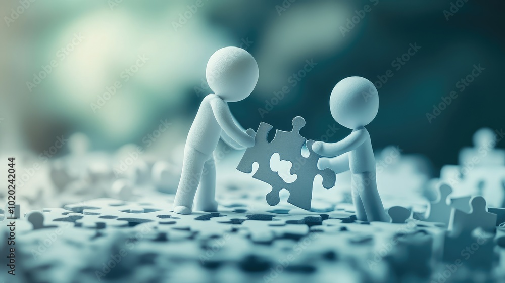 Aufkleber paper businessman characters in a 3d space working together on a puzzle, symbolizing corporate teamw