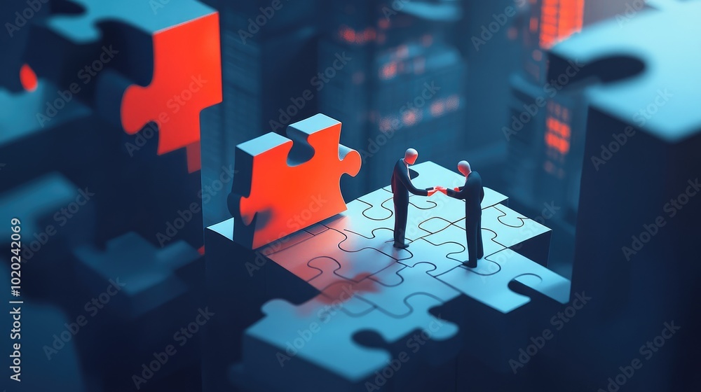Aufkleber paper businessman characters in a 3d space working together on a puzzle, symbolizing corporate teamw