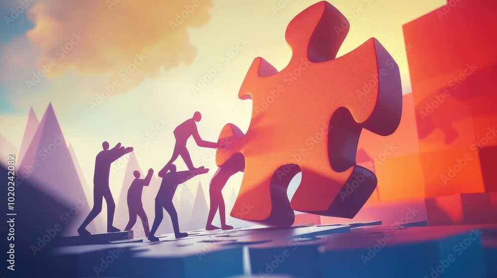 Poster paper businessman characters lifting a large puzzle piece in a 3d environment, illustrating collecti