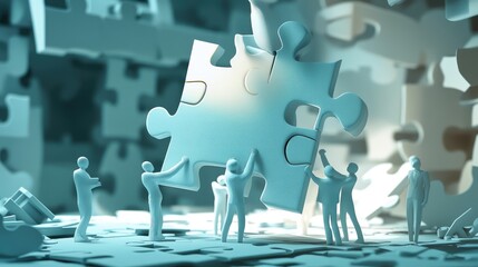 Paper businessman characters lifting a large puzzle piece in a 3D environment, illustrating collective effort in teamwork.