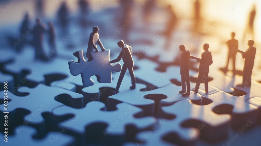 Poster paper businessman figures in 3d assembling a large puzzle, symbolizing the power of teamwork and col