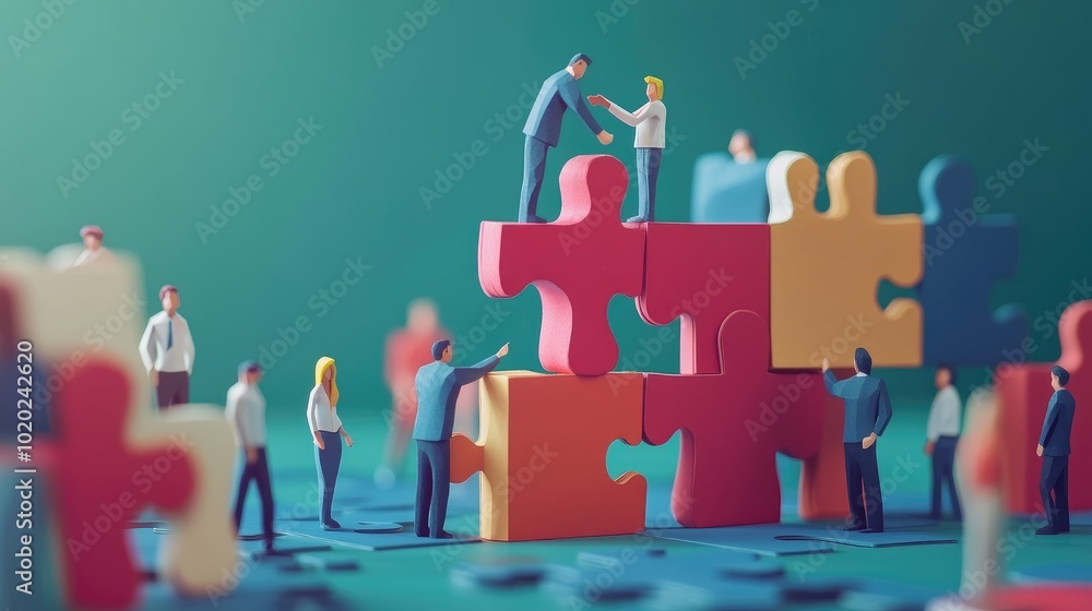 Poster paper businessman figures in 3d assembling a large puzzle, symbolizing the power of teamwork and col