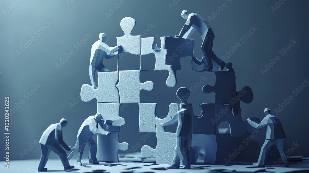 Poster paper businessman figures in 3d assembling a large puzzle, symbolizing the power of teamwork and col