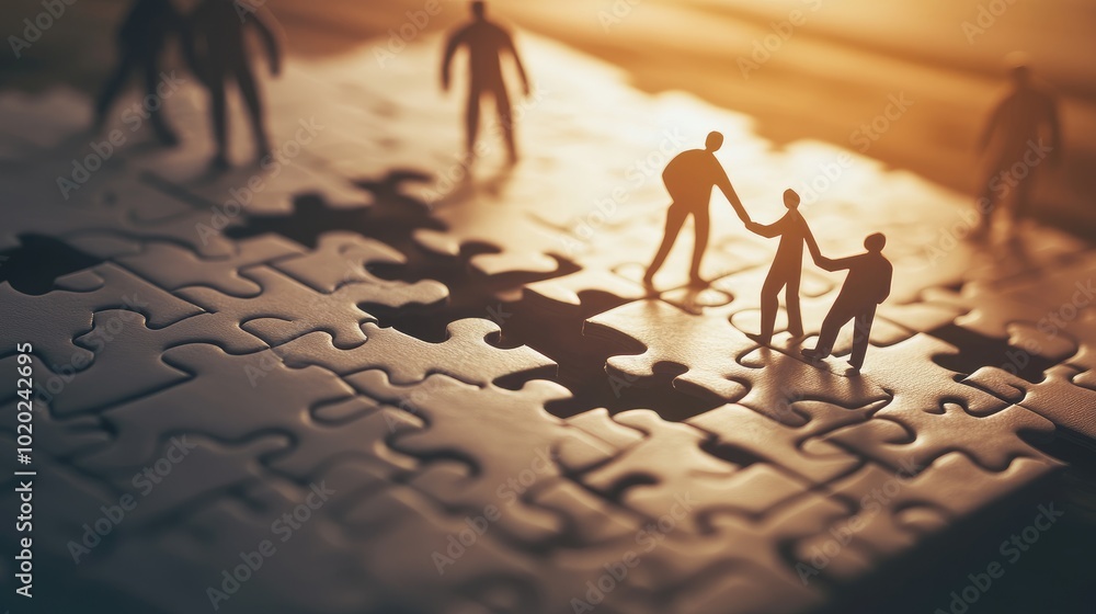 Aufkleber paper businessman figures in 3d collaborating to complete a large jigsaw puzzle, symbolizing effecti