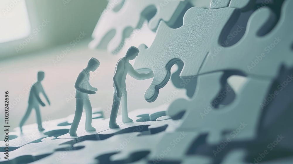 Aufkleber paper businessman figures in 3d collaborating to complete a large jigsaw puzzle, symbolizing effecti